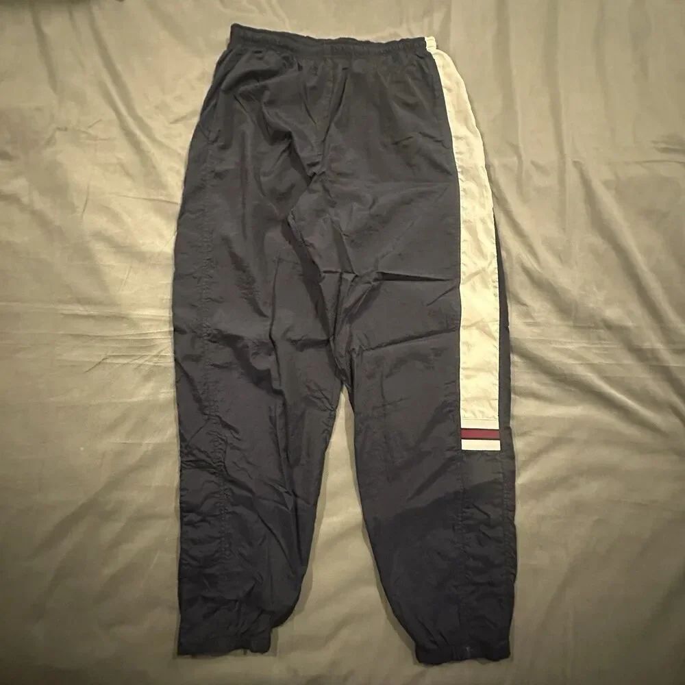 Vintage 90s Nike Track Pants Mens L Lined Windbreaker Ankle Snap Stripe Navy